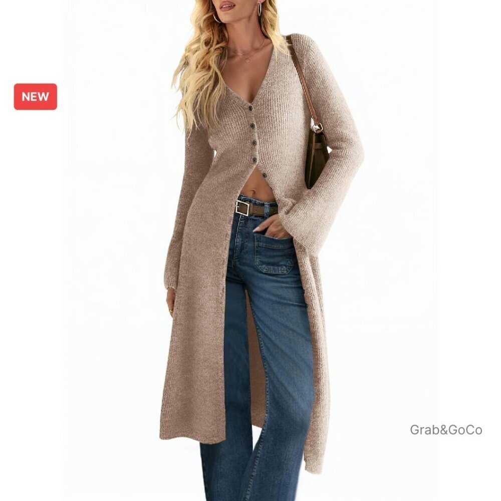 Oversized Long Cardigan Chunky Knit Bell Sleeve Open Front Midi Dress